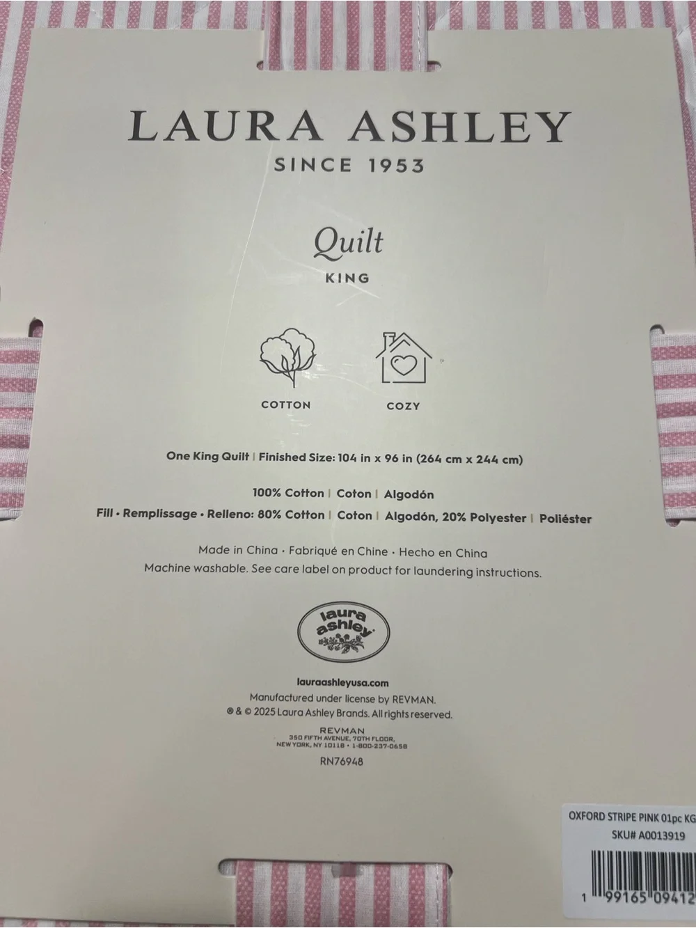 Laura Ashley Pink and White Oxford Striped KING Quilt ~ NWT